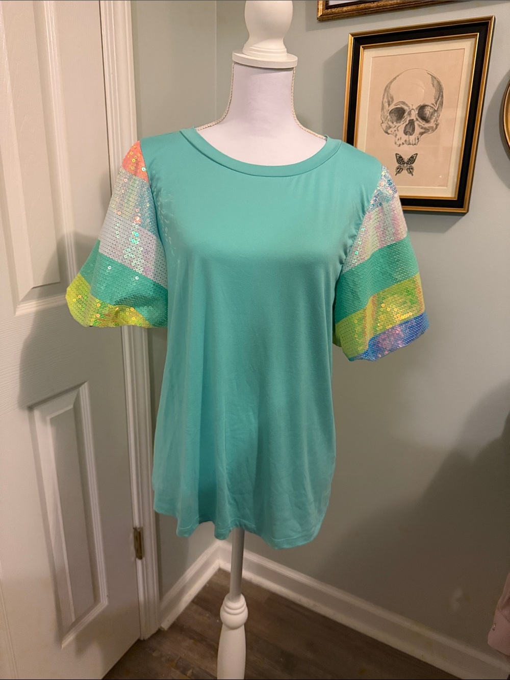 Mint Teal Short Sleeve Tee with Rainbow Sequin Flutter Sleeves